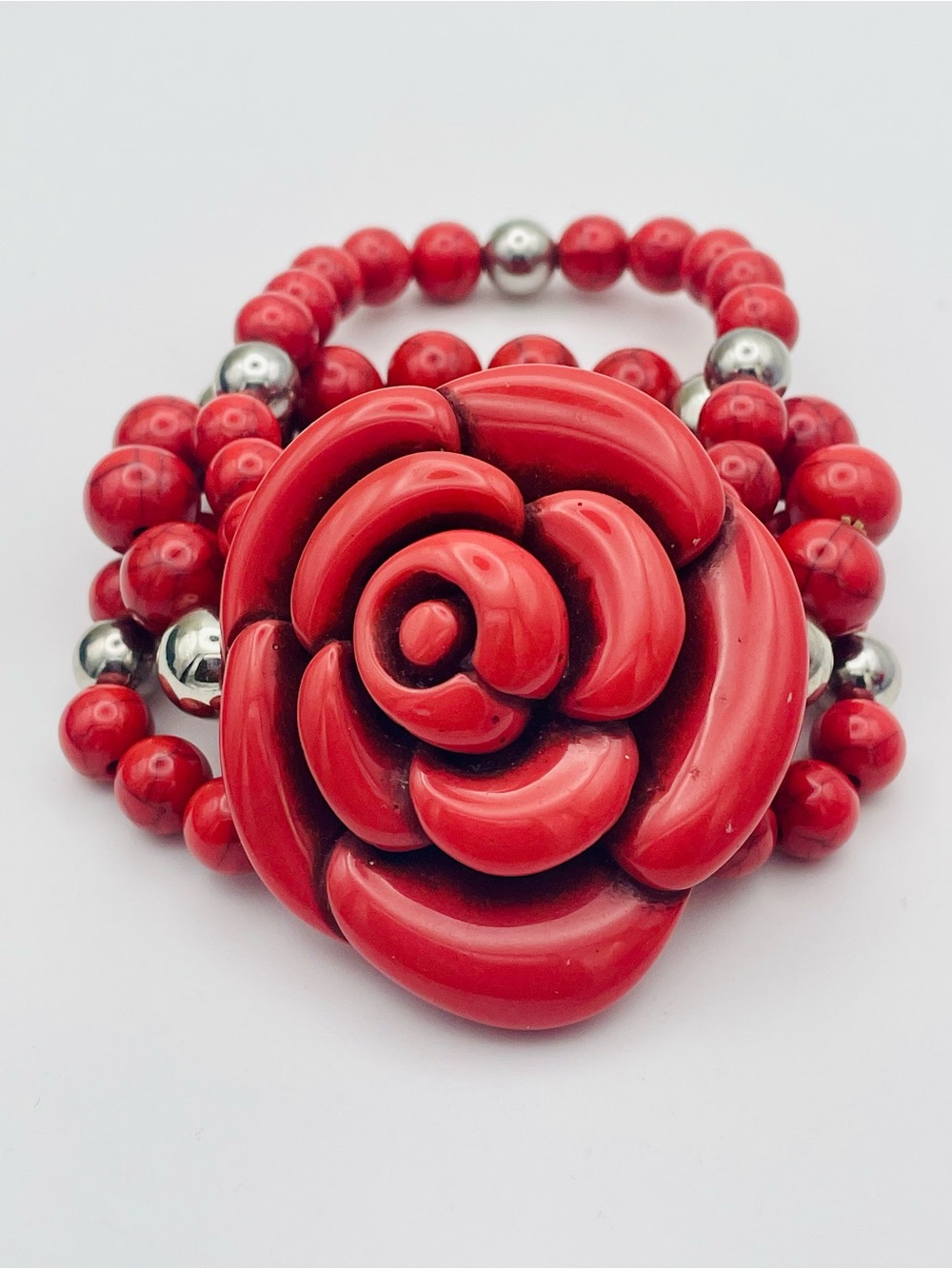 Carved Red Resin Rose Beaded Multi Strand Stretch Bracelet w/Silver Beads   Sz 7